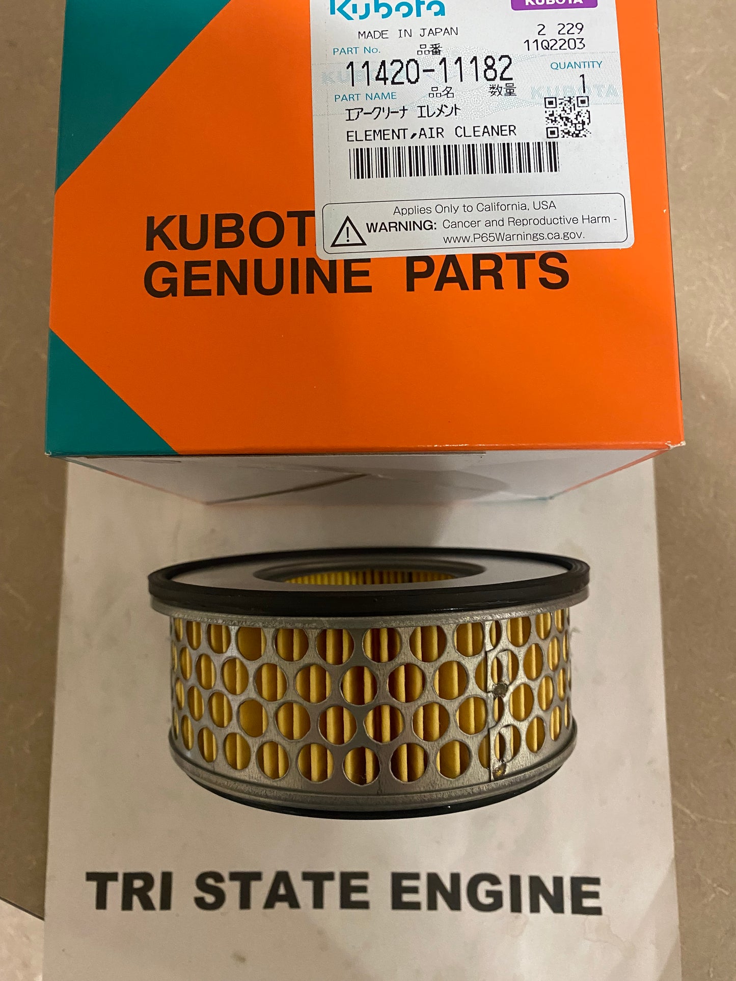 OEM Kubota Air Filter 11420-11182 FILTER, AIR CLEANER - OC60 Engine